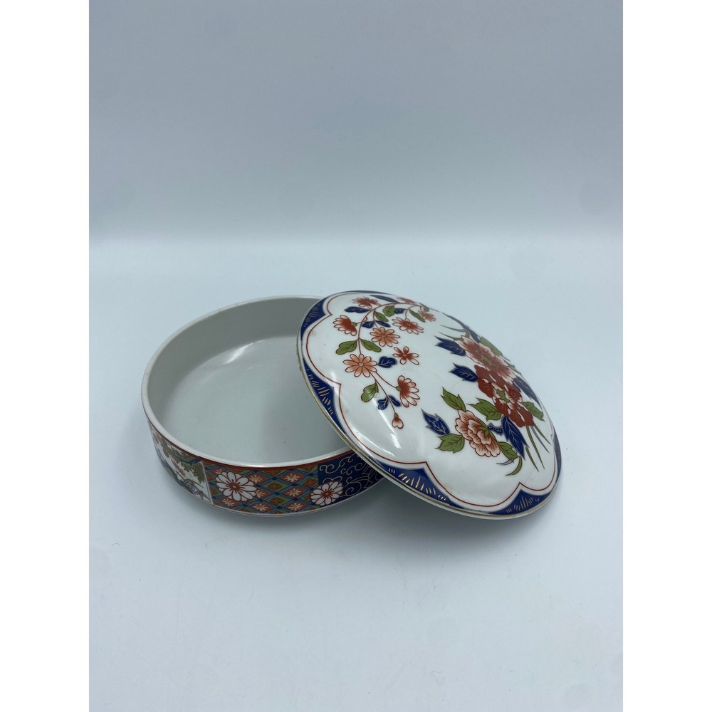 Vintage Artmark Japan Imari Floral Ceramic Trinket Jewelry Box 7" Round With Lid